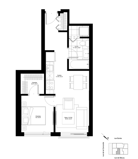 Floor plan for 1 bed, 1 bath, 539 sqft